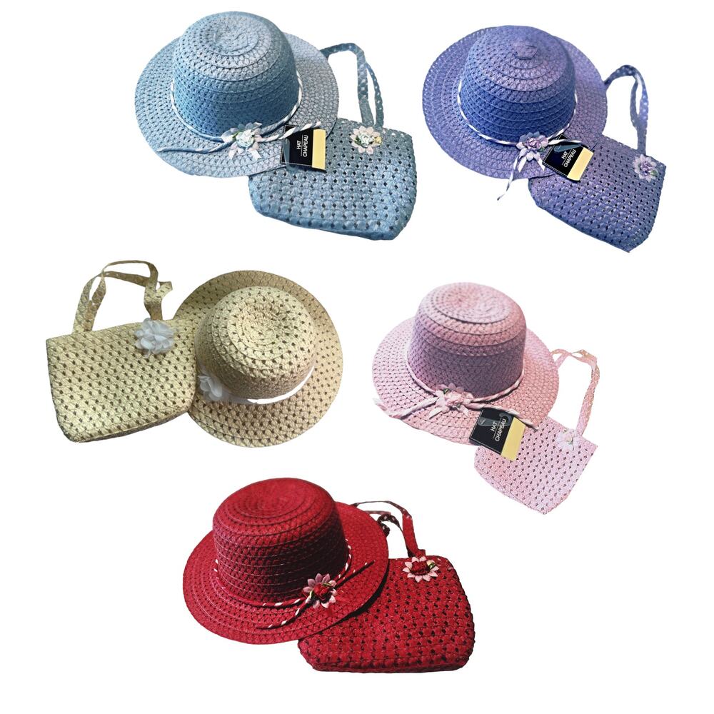 Girls Sun Hat And Purse Purple Woven Straw With Spring Flower Details Dress Up - Picture 7 of 7